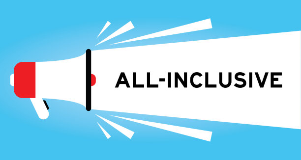 彩色扩音器图标与字包罗万象的白色横幅上的蓝色背景图片下载