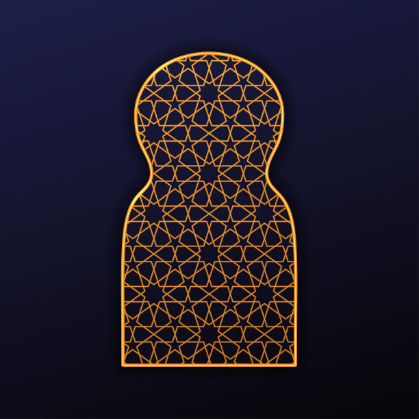 阿拉伯窗框，闪烁的霓虹灯，摩洛哥图案设计。伊斯兰风格的建筑元素，黑色背景上孤立的金色。矢量图图片下载