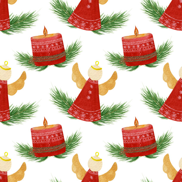 水彩图案与树玩具天使和红蜡烛装饰杉树树枝。图片下载