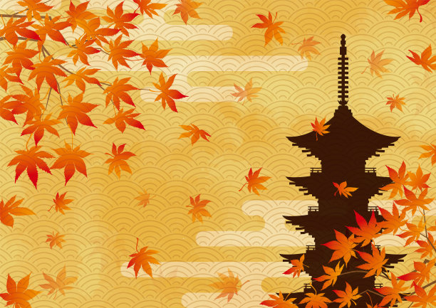 秋叶和五层宝塔的日式背景材料图片下载