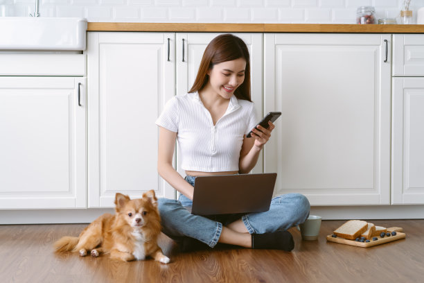 美丽的亚洲女子在家里用智能手机浏览或聊天社交网络。自由职业者韩国女性坐在放松的地板上现代厨房和她可爱的吉娃娃狗坐在旁边。图片下载