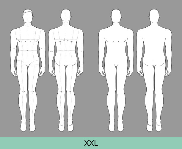 套装XXL尺寸男士时尚模板9 9头大小与无主线Croquis特大号加码绅士模型曲线身材前，侧，3-4，后视图。向量轮廓的男孩图片下载