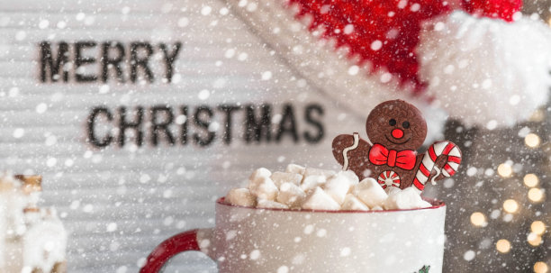 一个写着“圣诞快乐”的牌子，圣诞老人帽子，一杯热可可，棉花糖和姜饼人，背景是一个美丽的bokeh。温馨的新年和寒假概念。图片下载