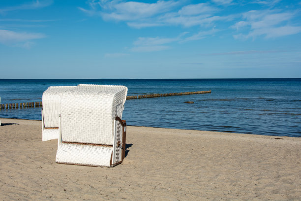 在波罗的海的海滩上，柳条沙滩篮子椅与海里的groynes图片下载