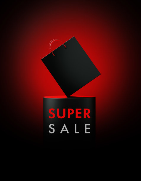 购物理念:发光的黑色购物袋坐在超级销售写黑色讲台图片下载