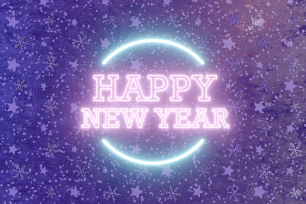 新年快乐霓虹灯招牌在黑色的雪墙图片下载