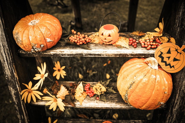 万圣节设计庭院与干燥的落叶。在秋天的时候，房子美丽的木制门廊和南瓜。图片下载