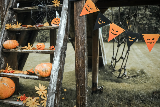 万圣节设计庭院与干燥的落叶。在秋天的时候，房子美丽的木制门廊和南瓜。图片下载