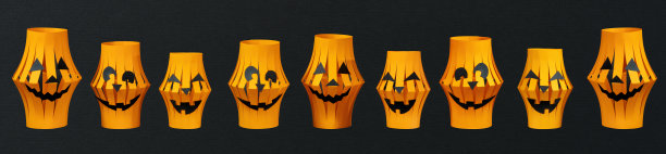 南瓜纸灯笼大万圣节套装。橙色的灯笼，滑稽的笑南瓜脸孤立在黑色的背景。给孩子们的万圣节纸工艺品创意。为万圣节装饰。图片下载