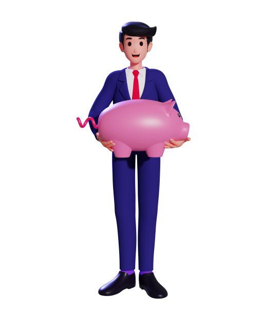 3d卡通商人拿着储蓄罐。投资企业盈利，省钱储物概念3d插画图片下载