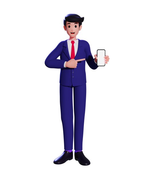 商人拿着一个空白屏幕的智能手机。一名西装革履的男子用手指指着空空的显示屏手机。三维演示图片下载