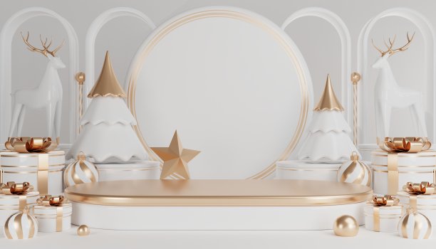 3D渲染圆柱讲台在圣诞圣诞老人和圣诞树，礼品盒，彩带，产品，香水，促销销售，演示，化妆品的背景色。图片下载