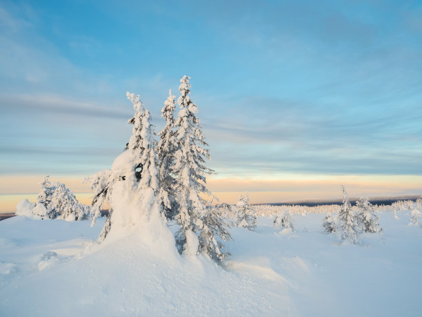 美丽的日落北极。风景绚丽的天空在黎明。冰雪覆盖的坡极山在冬天的清晨。冬天北极星景观。冬寂的黎明。图片下载