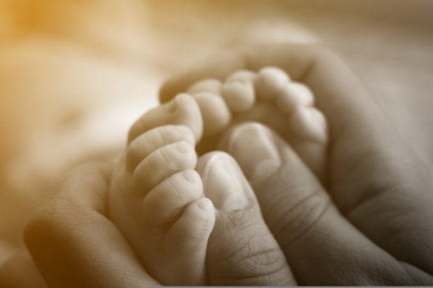 新生儿的脚在母亲的手中。父母捧着新生儿的脚。幸福的家庭的概念。有选择性的重点图片下载