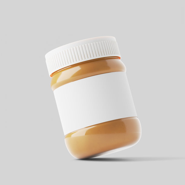 3 d演示。两个花生黄油罐的模型，白色标签和螺旋盖在灰色背景和阴影。三维渲染图片下载