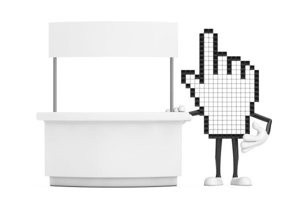 像素手光标吉祥物人物字符附近空白推广站与自由空间为您的设计。3d渲染图片下载