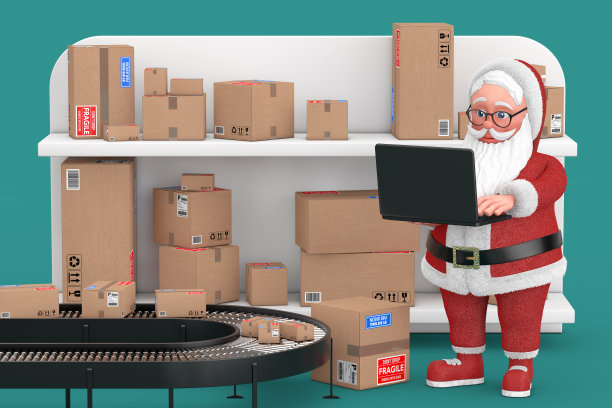 圣诞和新年快乐的问候概念。卡通圣诞老人在礼物仓库或邮局与许多包裹。3d渲染图片下载
