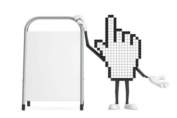 像素手光标吉祥物人物与白空白广告宣传台。3d渲染图片下载