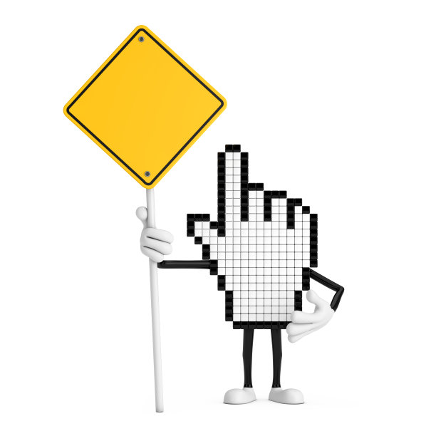 像素手光标吉祥物人物角色和黄色路标与您的设计空间。3d渲染图片下载