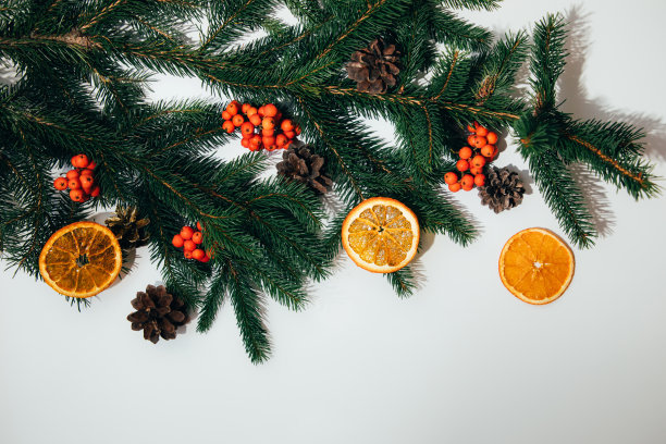 白色背景的新年装饰，绿色圣诞树的树枝，松果和干橙片。平躺图片下载