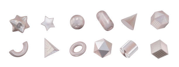 3d集金属彩虹形状:方形，圆柱体，球体，金字塔，环面，星，锥，冰圈。金属简单的数字与网格为您的设计白色孤立的背景。3 d渲染图图片下载