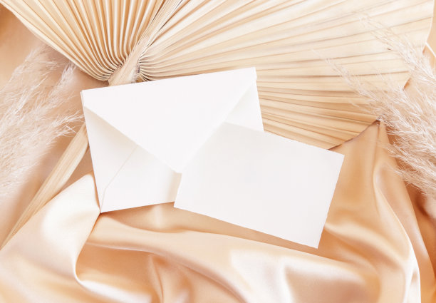 空白卡片和信封上的米色缎面织物和干棕榈叶接近，浪漫的模型图片下载