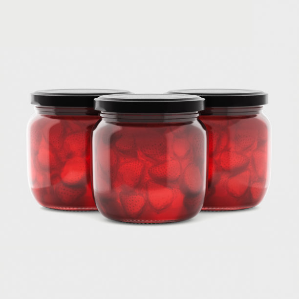 3 d渲染,模板。草莓果酱玻璃罐模拟。3 d图,包。图片下载