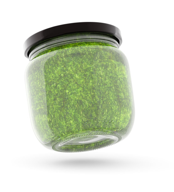 空包装,模型。玻璃瓶250毫升，白色底色，绿色香蒜沙司。3d插图，3d渲染图片下载