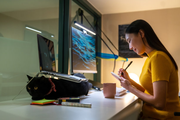 年轻的亚洲妇女在晚上用笔记本电脑工作。图片下载