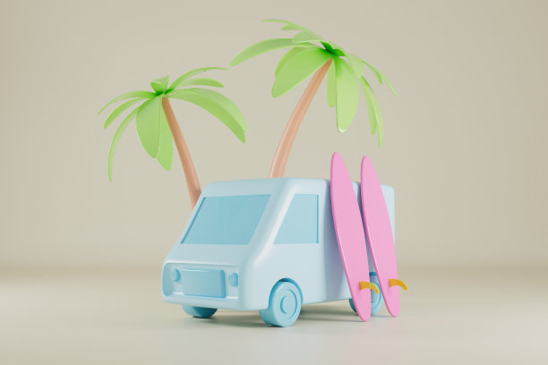 面包车和冲浪板与棕榈树3d渲染。图片下载