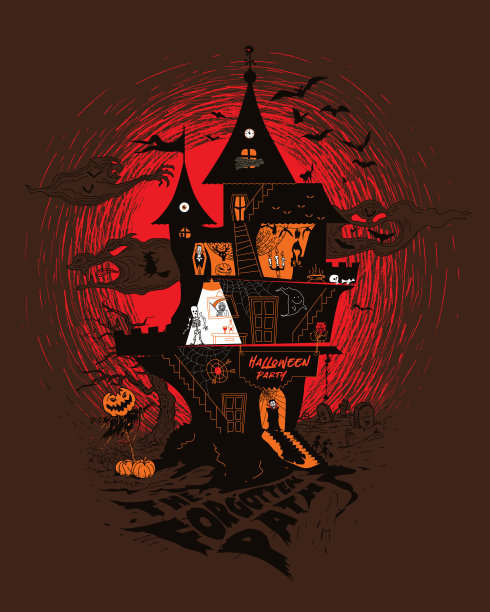 万圣节夜派对:卡通恐怖城堡风景图片下载