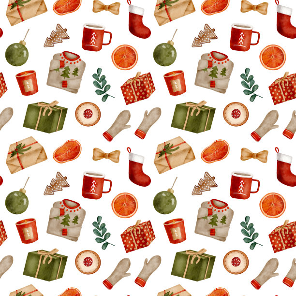 水彩圣诞无缝图案。手绘圣诞毛衣，礼品盒，冬季手套，蜡烛，饼干孤立在白色背景。温馨的新年节日装饰设计。图片下载