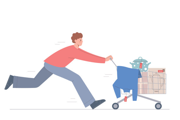 跑步男子推着超市购物车，里面装满了待售商品。在大减价的日子去超市购物。图片下载