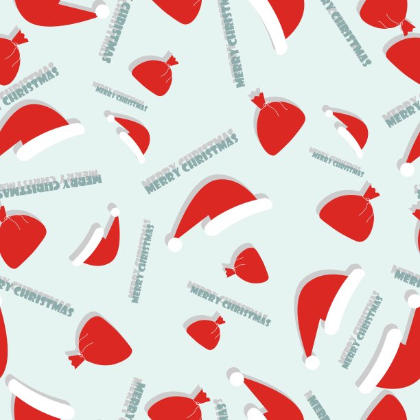 圣诞无缝图案与新年无缝图案快乐寒假壁纸与圣诞老人和圣诞老人的帽子袋。图片下载