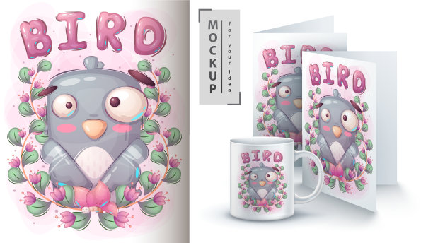 卡通人物可爱的鸽子，漂亮的动物想法打印t恤，海报和儿童信封，明信片。可爱的手绘风格的鸟图片下载