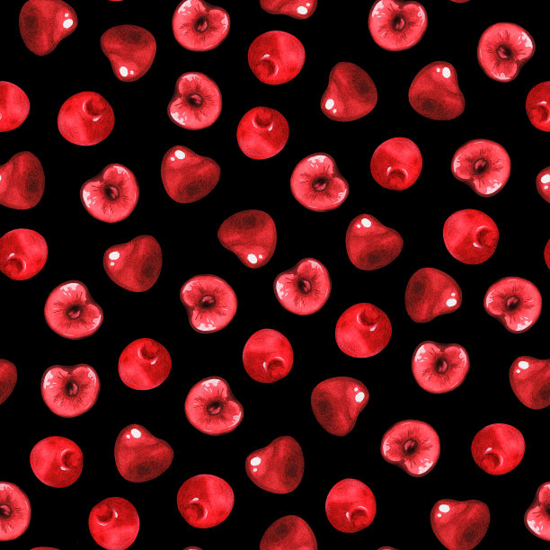 樱桃无缝模式。水彩插图。孤立在黑色背景上。为设计。图片下载