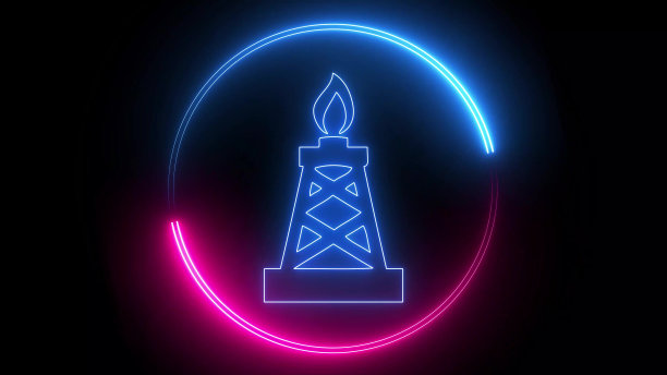 黑色背景上的发光霓虹石油钻井平台图标，气体塔抽象背景插图图片下载