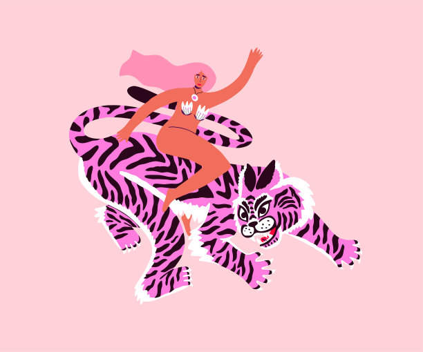 卡片上有女人和条纹老虎。时髦的女性印刷设计与野生动物，家庭装饰海报，拼贴艺术，贺卡。图片下载