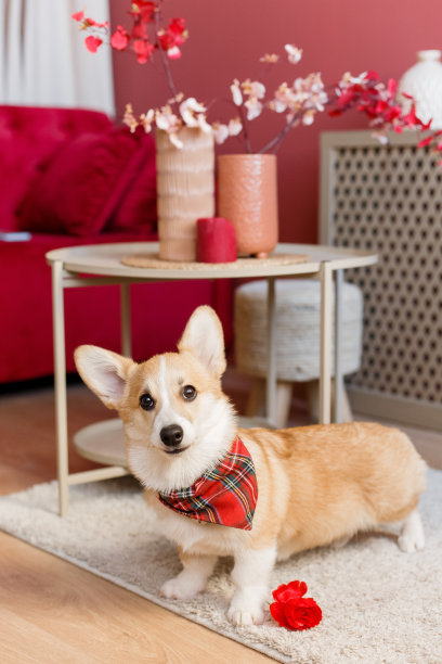 宠物女孩柯基玩玫瑰花里面图片下载