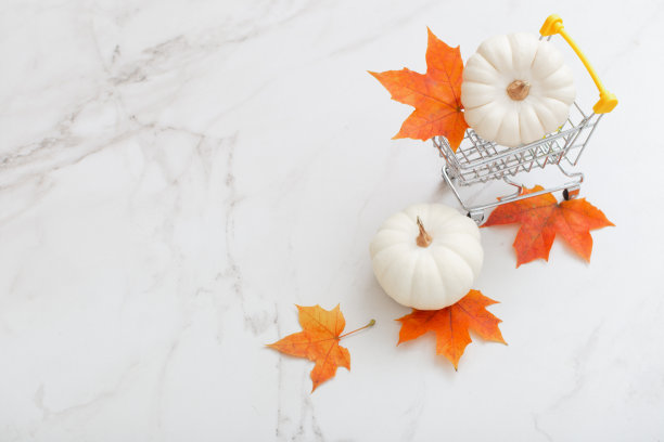 白色的南瓜在小杂货店手推车与橙色的枫叶在大理石背景图片下载
