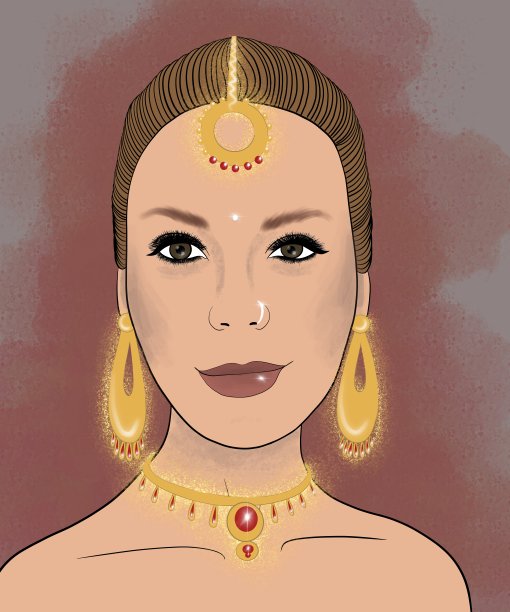 印度年轻美丽的女孩裸露的肩膀和美丽的印度珠宝在她的头和脖子，鼻子穿孔在粉灰色的背景图片下载