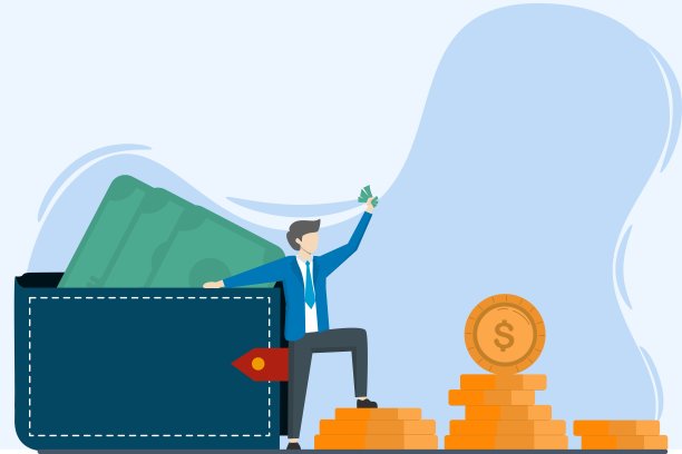 带着大钱包、钞票和硬币的快乐男子雇员。年轻人拿着钱。工资，信用平衡和预算概念图片下载