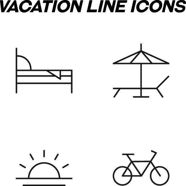 以平面风格绘制的极简轮廓标志。可编辑的中风。向量线图标设置的床，躺椅，躺椅，太阳在海上，自行车的符号图片下载