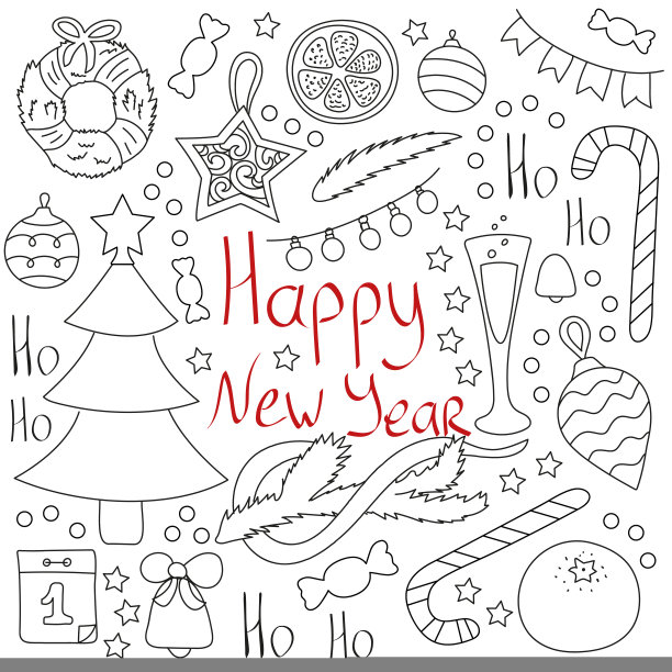 收集轮廓项目，节日和新年的字母。圣诞树装饰，香槟酒，甜蜜图片下载