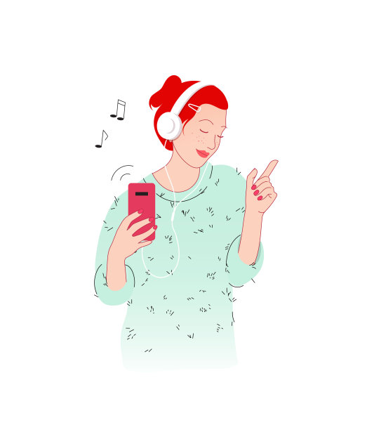 快乐的红袍女郎戴着耳机听着音乐，跳着舞。图片下载