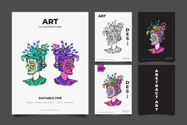 抽象艺术插画与彩色人物海报，传单，封面，印刷材料，纹身，贴纸或墙纸。抽象的涂鸦艺术图片下载