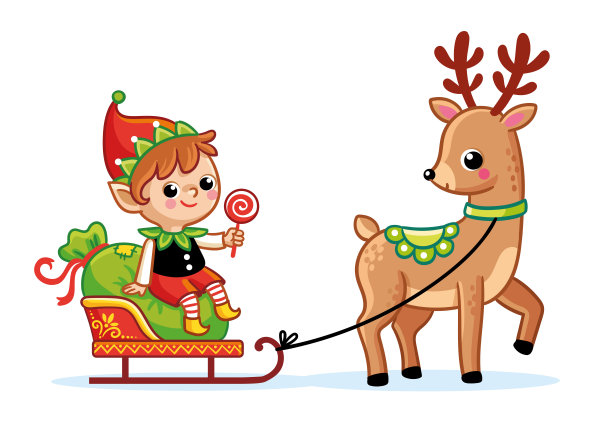 一只鹿和一个坐在雪橇上的小精灵的圣诞画。矢量插图与童话人物图片下载