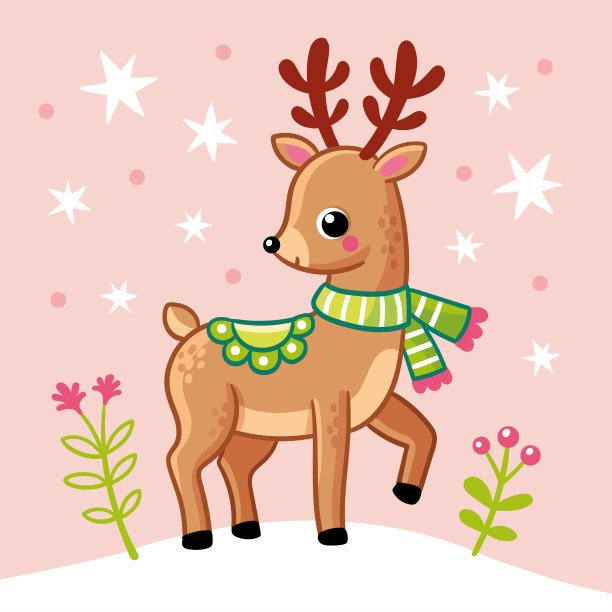 矢量插图与圣诞鹿站在雪中。卡通风格的圣诞卡图片下载