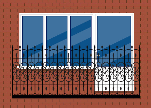 白色塑料PVC窗带门，阳台带黑色金属阳台栏杆，正面视野。孤立在红棕色砖墙背景上。卡通风格的平面设计。图片下载