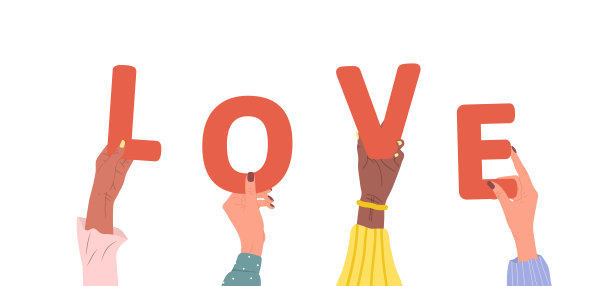 一组不同的女性手握红色的“爱”字。不同的多民族的人在一起。矢量手绘插图的卡通风格。伙伴关系和解决方案合作图片下载